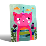 Ooly Foil-tastic art: pink unicorn cat with colorful striped body, glitter cheeks, and foil clouds on a teal background.