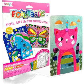 Ooly Foil-tastic art kit with a pink box, showing foil unicorn and butterfly designs, plus a finished pink unicorn cat art piece.