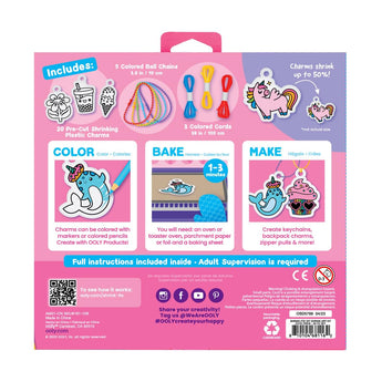 Back of Ooly Shrink Its! DIY Shrink Art Bracelet Kit box, showing contents, instructions, and warnings.