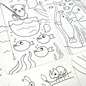 Ooly Undercover Art Rainforest Fun coloring pages with a bear fishing and manatees, featuring hidden patterns.