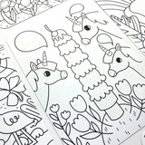 Ooly Undercover Art colouring page with three unicorns, a tall ice cream cone, flowers, and subtle patterns.