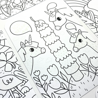 Ooly Undercover Art colouring page with three unicorns, a tall ice cream cone, flowers, and subtle patterns.