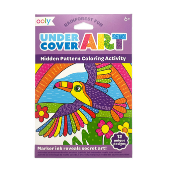 Ooly Undercover Art Rainforest Fun coloring set, featuring a vibrant toucan and 12 unique hidden pattern designs.