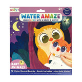 Ooly Water Amaze Baby Animals water reveal boards packaging with two cute owls and a hand holding a paintbrush.