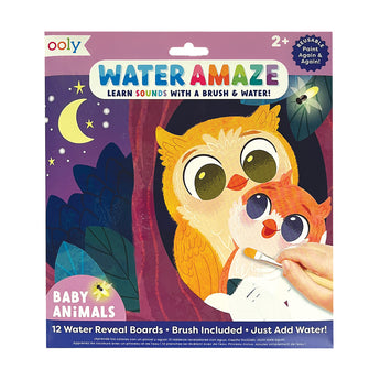 Ooly Water Amaze Baby Animals water reveal boards packaging with two cute owls and a hand holding a paintbrush.