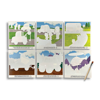 Six Ooly Water Amaze Boards with faint vehicle and animal outlines, plus a paintbrush.