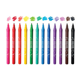 Set of 12 Ooly Yummy Yummy scented markers in rainbow colors with matching swatches.