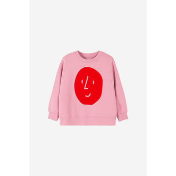 Pink organic cotton kids' oversized sweatshirt with a large red potato face print.