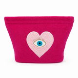 Pink pouch with a heart design featuring an eye on a white background