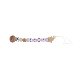 A baby teething ring or pacifier clip made of natural wood beads, pink silicone beads spelling 'LALALIA', a wooden star, and a round wooden tag engraved with 'JAJA', shown on a plain white background.