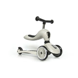 Light gray Scoot & Ride Highwaykick 1 2-in-1 ride-on scooter with black seat, handlebars, and wheels.
