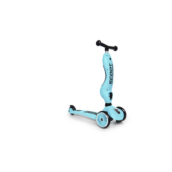 Light blue Scoot & Ride Highwaykick 1 2-in-1 kickboard with black handlebars and three wheels.
