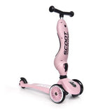 Pink Scoot & Ride Highwaykick 1 2-in-1 kickboard with two front wheels and one rear wheel.