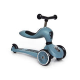 Blue Scoot & Ride Highwaykick 1 2-in-1 kickboard with black seat, handlebars, and three wheels.