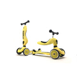 Yellow Scoot & Ride Highwaykick 1 2-in-1 scooter and ride-on with three wheels.