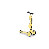 Yellow Scoot & Ride Highwaykick 1, a 2-in-1 kickboard with two front wheels and one rear wheel.