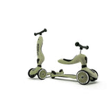 Scoot & Ride Highwaykick 1 in olive green, shown as a stand-up scooter and a ride-on with a seat.
