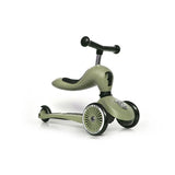 Scoot & Ride Highwaykick 1 in olive green, a 2-in-1 ride-on scooter with seat and three wheels.