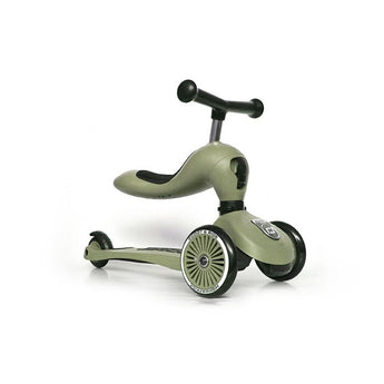 Scoot & Ride Highwaykick 1 in olive green, a 2-in-1 ride-on scooter with seat and three wheels.