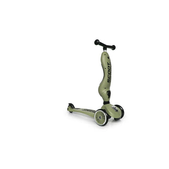 Scoot & Ride Highwaykick 1 in olive green, a 2-in-1 kickboard with two front wheels and one rear wheel.