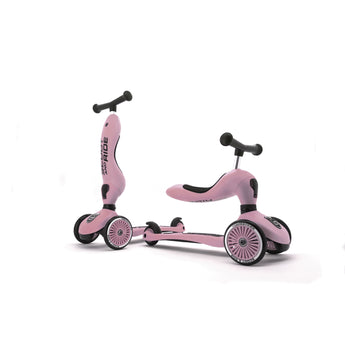 Pink Scoot & Ride Highwaykick 1 2-in-1 kickboard, shown as a scooter and a ride-on.