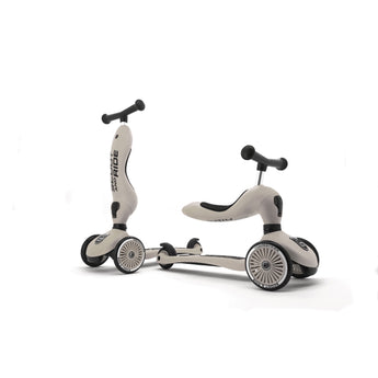 Beige Scoot & Ride Highwaykick 1 2-in-1 kickboard, shown as a scooter and a ride-on.