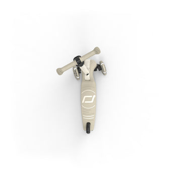 Top-down view of a beige Scoot & Ride Highwaykick 3S LED 3-wheel light-up kids scooter.