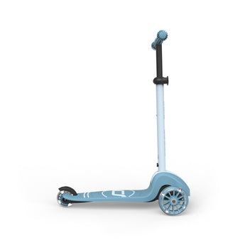 Light blue 3-wheel kids scooter with LED light-up wheels and adjustable black handlebar.