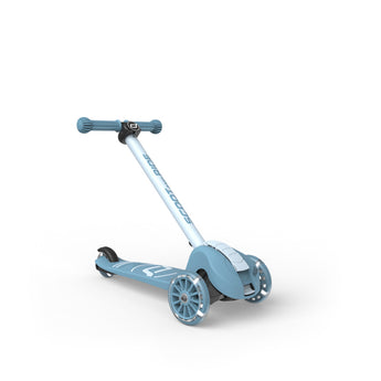 Light blue Scoot & Ride Highwaykick 3S LED 3-wheel light-up scooter with adjustable handle.