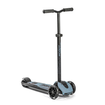 Black and grey Scoot & Ride Highwaykick 5 LED kickboard scooter with three wheels.