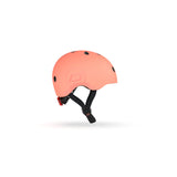 Scoot & Ride kids helmet in peach, lightweight with black straps, magnetic fastener, and rear light.