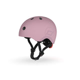 Pink Scoot & Ride kids helmet with black straps, magnetic fastener, and rear red light.