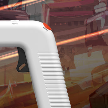 White Sharper Image Laser Tag Handtank with black trigger, orange reload button, and "POWER" text.