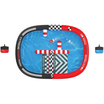 Sharper Image Remote Control Hydro Park Racers set with inflatable red and black pool, two white RC boats, and controllers.