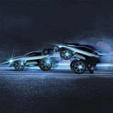 Two black Sharper Image RC Stunt Mongoose LED vehicles with glowing blue lights, one driving and one mid-stunt.