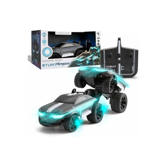 Black Sharper Image RC Stunt Mongoose LED car with glowing blue lights, remote, and product box.