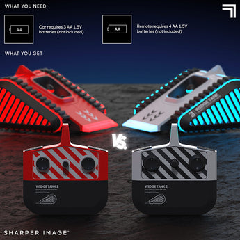 Sharper Image RC Battle Wedge Tanks: one red with glowing lights, one white with blue lights, and matching remotes.