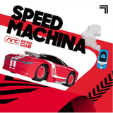 Red and white Sharper Image RC demolition car with a blue car and "SPEED MACHINA" text.