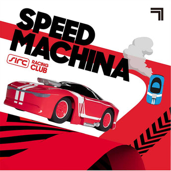 Red and white Sharper Image RC demolition car with a blue car and "SPEED MACHINA" text.