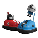 Two Sharper Image RC Speed Bumper Road Rage cars, one red and one blue, with drivers, mid-action.