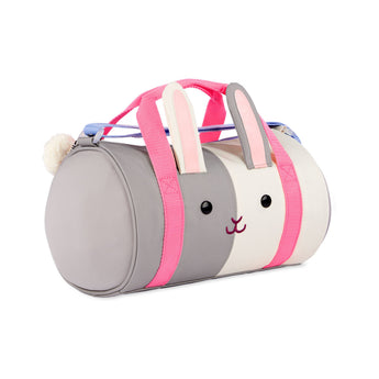 Cute Skip Hop Duffimals kids' duffle bag, gray and white bunny design with pink straps and fluffy tail.