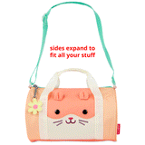 Peach Skip Hop Duffimals kids duffle bag with cute hamster face, expandable sides, white handles, and mint green strap.