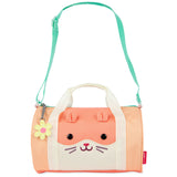 Peach Skip Hop Duffimals kids duffle bag with a cute hamster face, expandable sides, and a mint green strap.