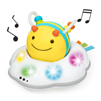 Yellow and blue Skip Hop Explore & More Follow Bee Crawl Toy with colorful lights and musical notes.