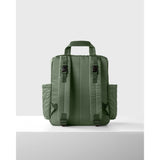 Back view of a lightweight, quilted olive green Skip Hop Forma backpack nappy bag with shoulder straps and side pockets.