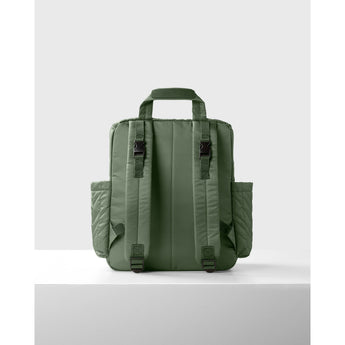 Back view of a lightweight, quilted olive green Skip Hop Forma backpack nappy bag with shoulder straps and side pockets.