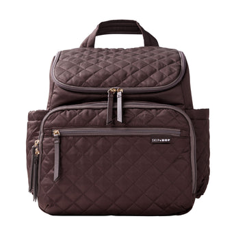 Skip Hop Forma quilted brown backpack nappy bag with multiple zippered pockets and top handle.