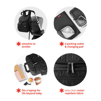 Black quilted Skip Hop Forma nappy bag with packing cubes, changing pad, and laptop sleeve.