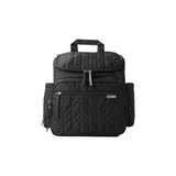 Black quilted Skip Hop Forma nappy bag backpack with multiple zippered pockets and top handle.