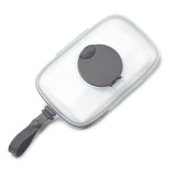 Clear Skip Hop Grab & Go Wipes Case with a dark gray lid and strap, angled on a white background.